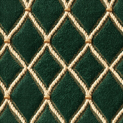 Obraz premium Seamless pattern green velvet quilted fabric with beige ropes forming a diamond pattern, creating a luxurious and elegant textile background