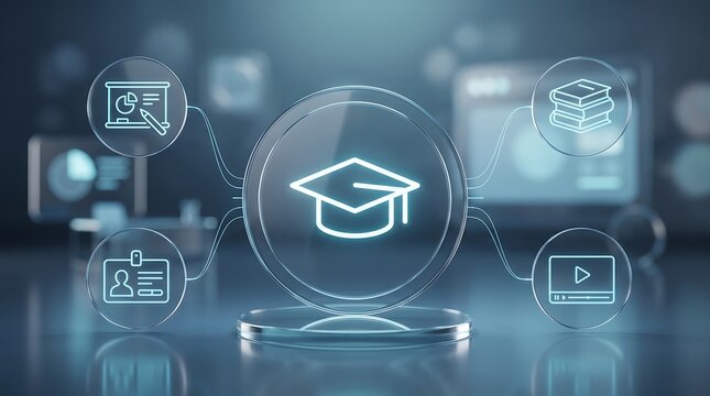 Advanced e-learning system with central graduation cap icon linked to interactive training modules including presentation slides and student identification card 3D render