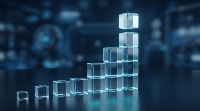 Glass block rising bar chart representing business growth and success with increasing height of cubes on dark reflective surface in professional corporate 3D style