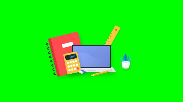 Chroma key green screen animation featuring 4K SVG flat-lay school supplies and desk workspace assembling dynamically with smooth spring physics.
