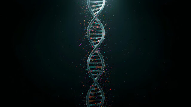 DNA double helix made of colorful glowing dots on black background. Conceptual vector illustration for genomics, biotechnology and personalized medicine themes, created with generative ai
