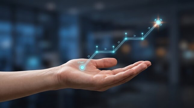 Human hand holding digital progress chart with start point and glowing path representing goal tracking and business development milestones in modern corporate management software