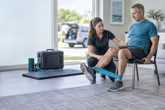 Man Performing Knee Extension Exercise with Physical Therapist at Home