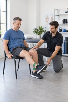 Man Performing Knee Extension Exercise with Physical Therapist