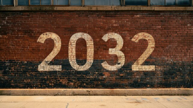 The number 2032 is displayed as a large mural on a brick warehouse wall in a creative district with warm light in the afternoon.