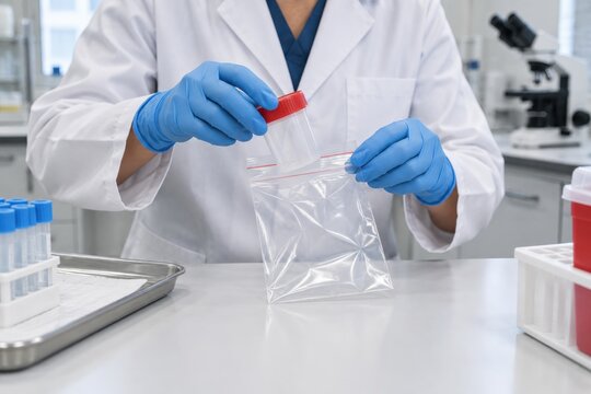 Lab technician placing specimen container into transport bag