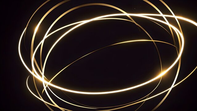 Abstract golden light trails forming glowing circular rings on black background