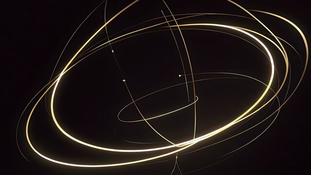 Abstract golden light trails forming circular orbital patterns on black background