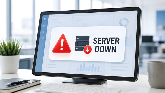 Server Down System Error And Network Outage Warning On Office Computer Screen
