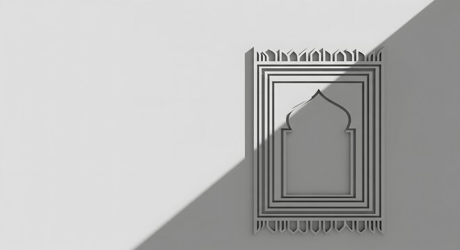 Minimalist 3D Paper Cutout Islamic Prayer Rug Motif on Grey Wall