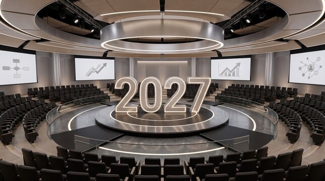 Modern conference hall with large 2027 numbers on stage and business charts on screens