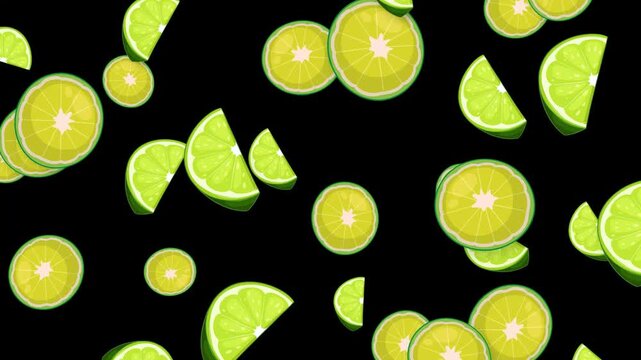 Falling Fresh Lime Slices and Wedges Animation on Black Background