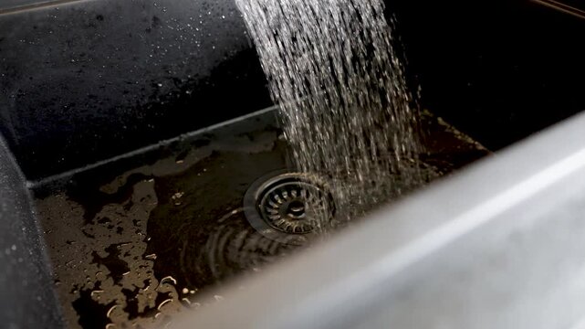 Close-up cinematic footage of a modern faucet with water flowing in a contemporary interior. The sequence shows the faucet being turned on, water running steadily, being turned off.