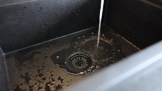 Close-up cinematic footage of a modern faucet with water flowing in a contemporary interior. The sequence shows the faucet being turned on, water running steadily, being turned off.