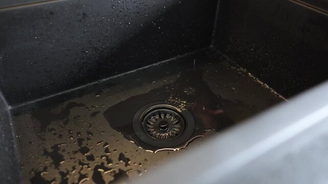 The sequence shows the faucet being turned on, water running steadily, being turned off, and ending with a single drop of water.