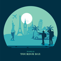 World Tourism Day Travel and Tourism Celebration Vector Illustration. Celebrating global travel, tourism, cultural exploration, vacation, and international destinations on blue theme © Fityan