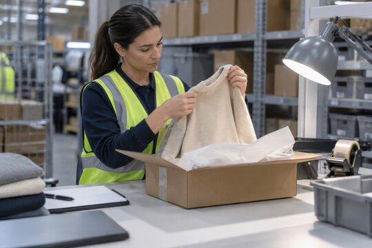 Warehouse worker inspecting clothing return at packing station