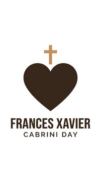 Frances xavier cabrini day graphic design with a black heart shape and a small cross symbol representing faith and celebration for a religious event or holiday