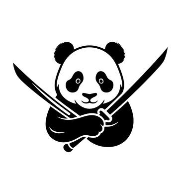A bold black and white vector logo featuring a fierce ninja panda holding crossed swords.