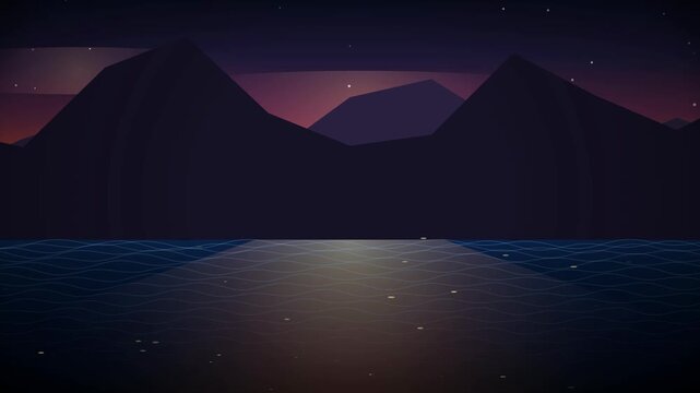 Abstract minimal illustration of night mountains reflecting over calm ocean water