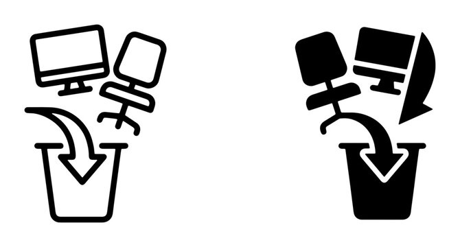 Office Furniture Disposal Icons, Computer and Chair Discarding Vector Set, E-waste Recycling and Decluttering Symbols