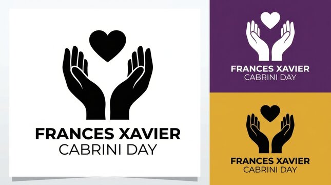 Frances xavier cabrini day logo design with hands holding a heart symbol representing love and charity for the saint celebration in black and white and color variations