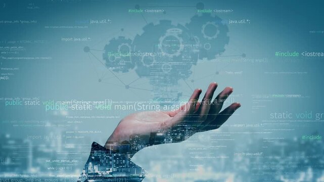 A conceptual image featuring a hand reaching towards abstract data, coding elements, and gears, symbolizing the intersection of technology and innovation in the digital world. Xenic