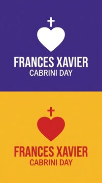 Frances xavier cabrini day typography graphic design with heart and cross symbol on purple and yellow background for religious celebration and honoring saint memory