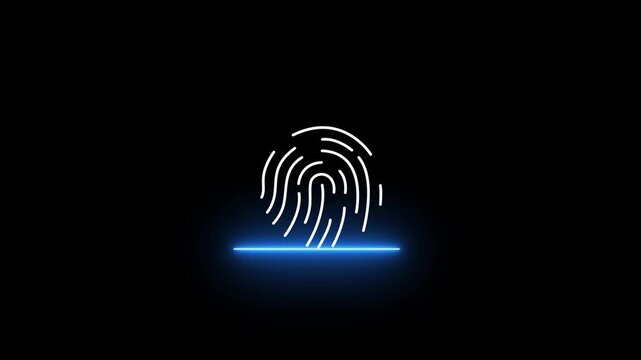 Biometric fingerprint scanning concept with white digital thumbprint icon and glowing blue laser beam line isolated on dark black background for cyber security and identity authentication interface.