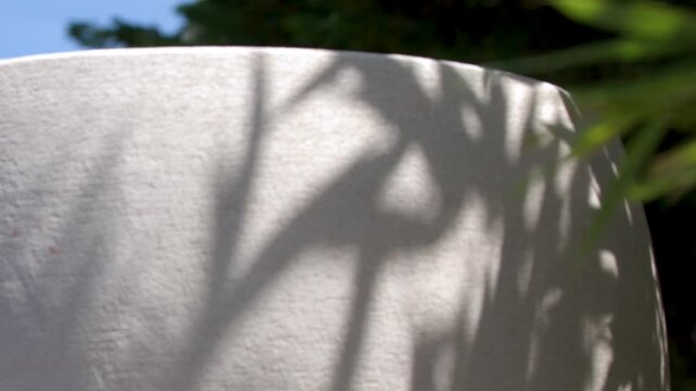 Sunlight and Shadows of Leaves on White Stone Garden Planter