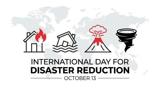 International day for disaster reduction design with fire flood volcano and tornado icons over a world map background for awareness of global natural catastrophe safety