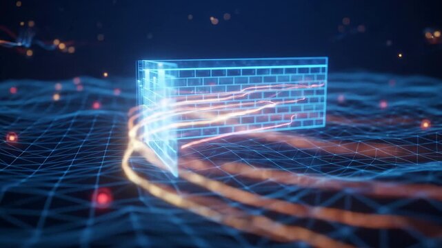 Digital technology firewall glowing brightly while data packets stream across futuristic cyberspace network grid background representing secure information systems protection digital transmission.