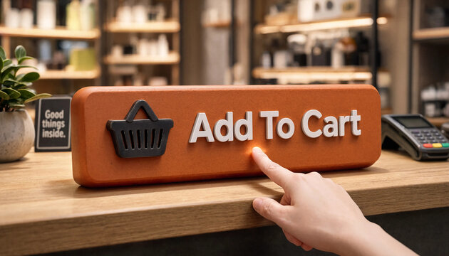 Hand pressing add to cart button in retail store concept for e commerce and online shopping