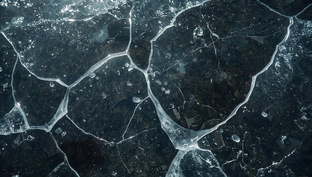 Generative AI cracked ice surface with irregular patterns and bubbles