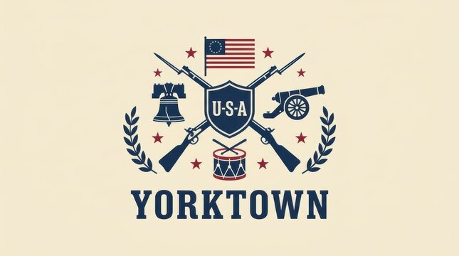 Yorktown usa historical emblem with american flag shield crossed muskets cannon liberty bell and drum for patriotic military and independence day celebration graphics