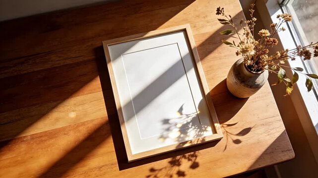 Wooden table with empty frame and dried flowers in vase under warm sunlight with shadows