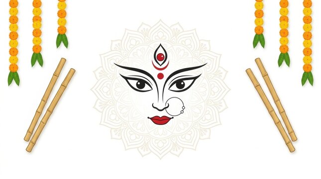 Stylized illustration of goddess durga face with traditional marigold flower garlands and dandiya sticks for the hindu festival of navratri and durga puja celebration
