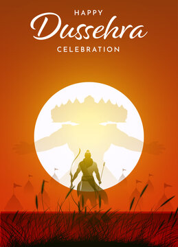 Dussehra Festival Greeting Poster Featuring Lord Rama Silhouette with Bow and Arrow Against a Large Glowing Sunset Circle and Warm Orange Background, Editable Vector Illustration