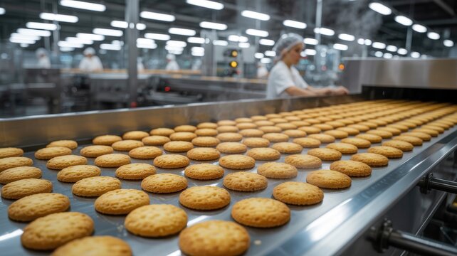 Golden cookies moving along a conveyor belt in a modern commercial bakery production line