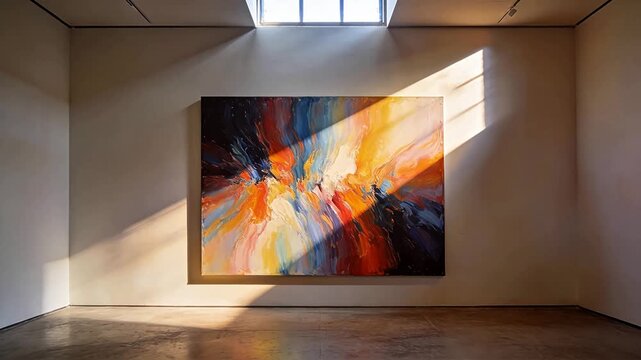 Large colorful abstract painting with thick brushstrokes in a modern gallery