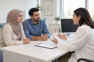 Fototapeta premium Muslim couple consulting with a female doctor at a fertility clinic.