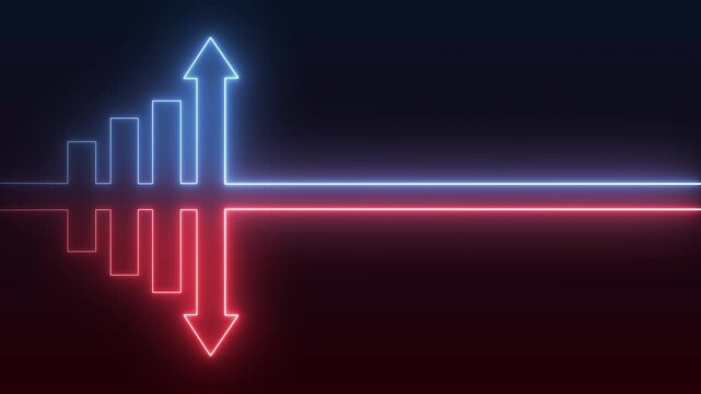 Glowing blue and red arrow charts showing rising quality and falling cost, creating a clear visual for business performance, efficiency, finance, and market analysis on a black background, 4K video