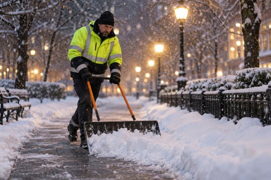 Municipal worker clearing snow from a sidewalk at night
