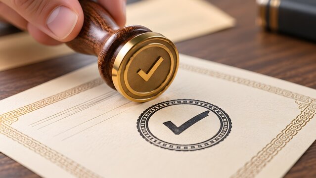 Close up of hand using wooden rubber stamp to place a checkmark symbol on official certificate representing legal validation and successful authorization