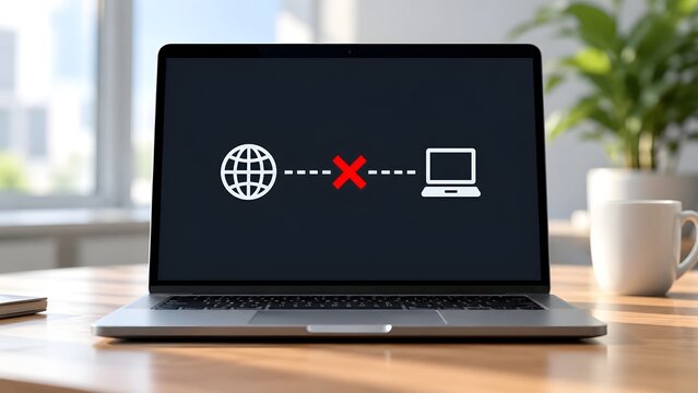 Laptop screen displaying no internet connection error with red cross symbol between globe and computer icons representing network outage and offline status