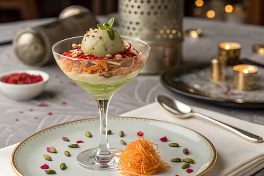 Kulfi falooda presented as a premium restaurant dessert, pistachio kulfi, delicate vermicelli, rose syrup and basil seeds arranged beautifully in a tall elegant glass, sophisticated Indian dining tabl
