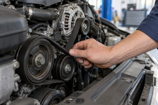 Mechanic checking serpentine belt tension in a car engine