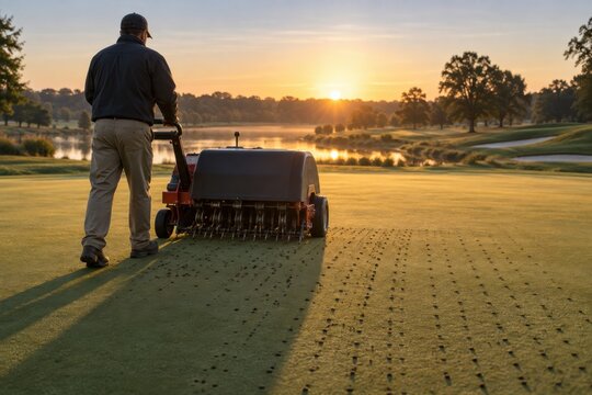 Greenkeeper operating core aerator on golf course at sunrise