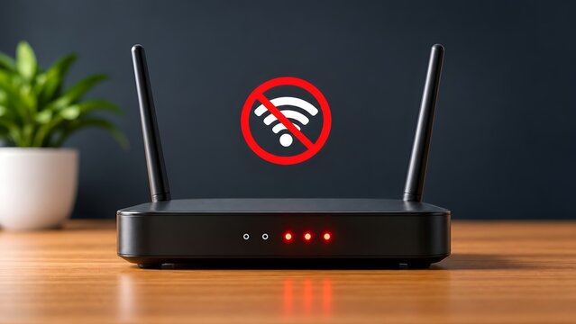 Black wireless router with glowing red lights and no wifi signal icon representing internet connection failure network outage and offline hardware