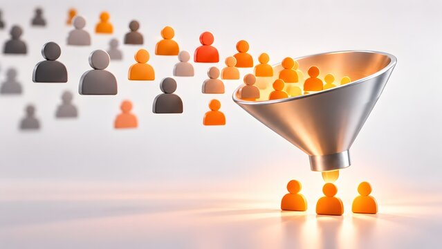 Large metal sales funnel filtering a crowd of colorful human figures representing business lead generation target audience and recruitment process